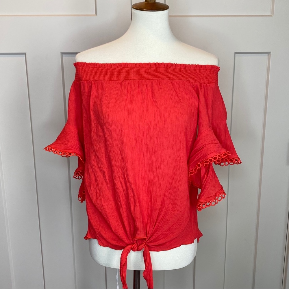 Main Strip Off Shoulder Flutter Sleeve Tie Waist L